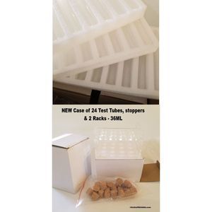 NEW Case of 24 glass test tubes w/cork stopper and 2 racks 36ml